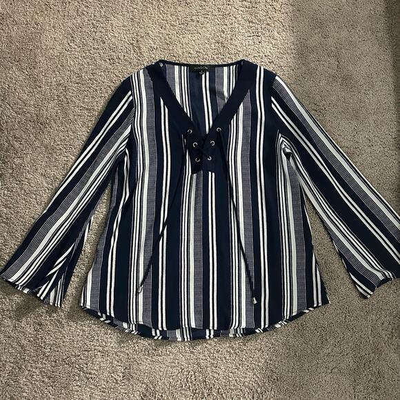 Karina & Chloe Coastal Striped Flowy Lace Up Blouse - Picture 7 of 9